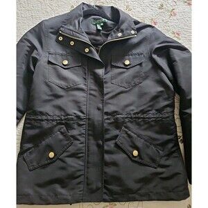 Lauren Ralph Lauren Black Raincoat Gold Hardware Cinch Waist Hem Sz Petite Med